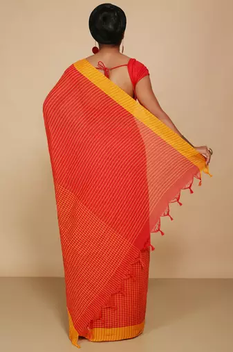 Women'S Cotton Check Sarees (Red)