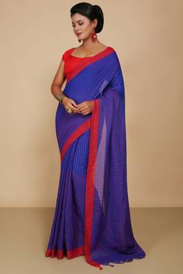 Women'S Cotton Check Sarees (Blue) 1