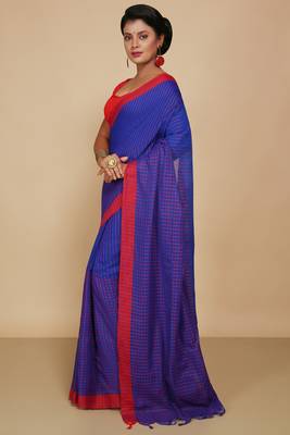Women'S Cotton Check Sarees (Blue) 2