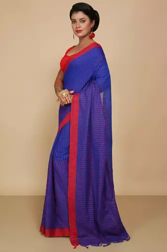 Women'S Cotton Check Sarees (Blue)
