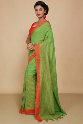 Women'S Cotton Check Sarees (Green) 2
