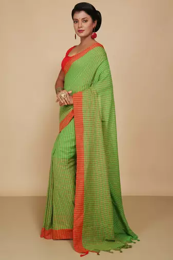 Women'S Cotton Check Sarees (Green)