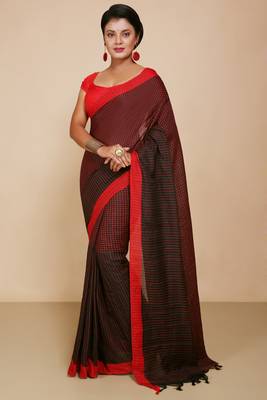 Women'S Cotton Check Sarees  (Black ) 1
