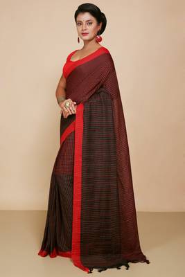Women'S Cotton Check Sarees  (Black ) 2