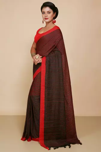 Women'S Cotton Check Sarees  (Black )