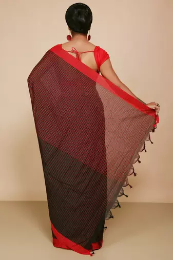Women'S Cotton Check Sarees  (Black )