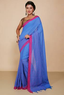 Women'S Cotton Check Sarees  (Turquise) 1