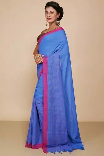 Women'S Cotton Check Sarees  (Turquise)