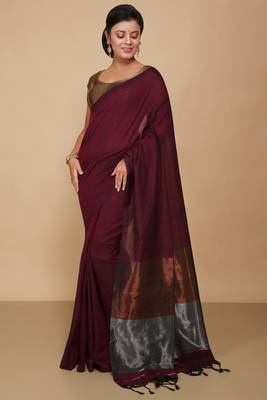 Cotton Body Anchal Tissue Saree (Maroon) 1