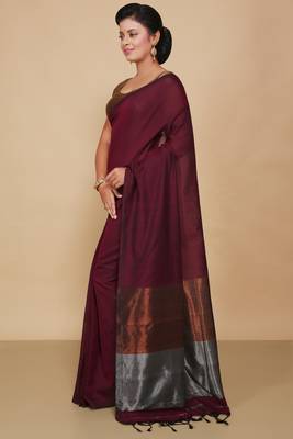 Cotton Body Anchal Tissue Saree (Maroon) 2