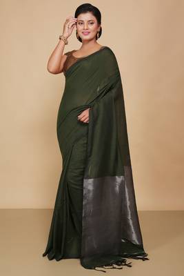 Cotton Body Anchal Tissue Saree (Green) 1