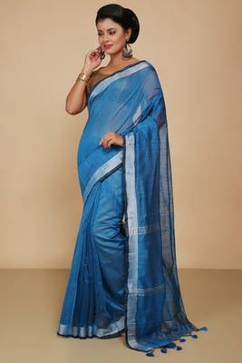Women's Handloom Jari Cotton Saree  (Turquise) 1