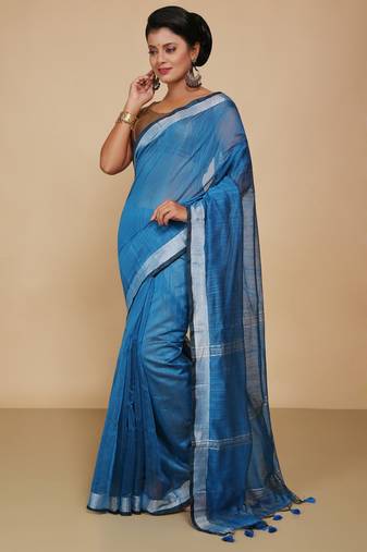 Women's Handloom Jari Cotton Saree  (Turquise)