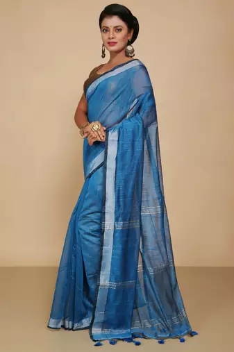 Women's Handloom Jari Cotton Saree  (Turquise)