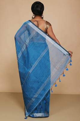 Women's Handloom Jari Cotton Saree  (Turquise) 3