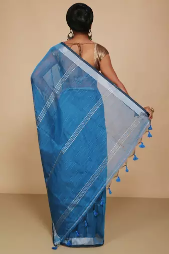 Women's Handloom Jari Cotton Saree  (Turquise)