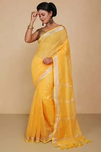 Women's Handloom Jari Cotton Saree  (Yellow)