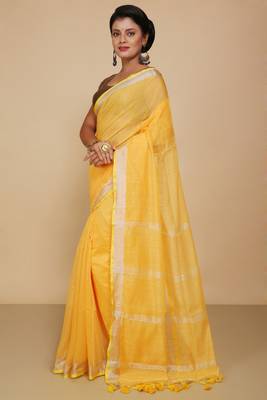 Women's Handloom Jari Cotton Saree  (Yellow) 2