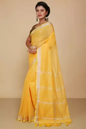 Women's Handloom Jari Cotton Saree  (Yellow)