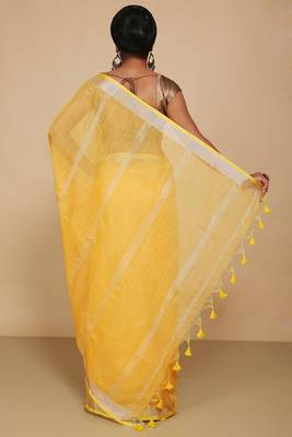 Women's Handloom Jari Cotton Saree  (Yellow) 3
