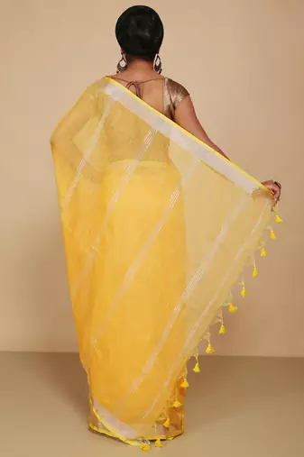 Women's Handloom Jari Cotton Saree  (Yellow)