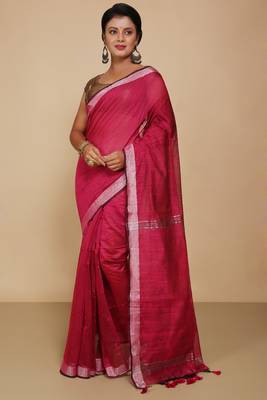 Women's Handloom Jari Cotton Saree  (Pink) 1