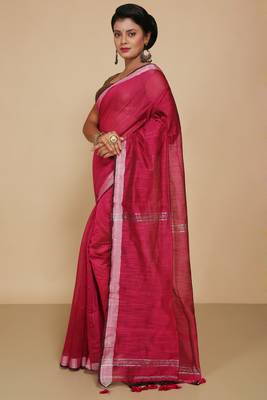 Women's Handloom Jari Cotton Saree  (Pink) 2