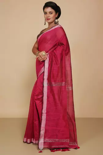 Women's Handloom Jari Cotton Saree  (Pink)