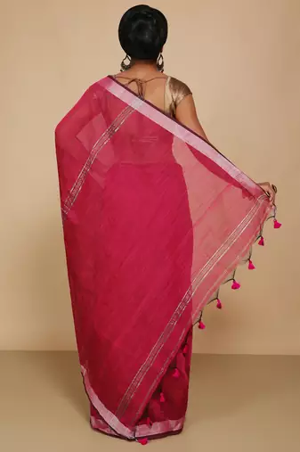 Women's Handloom Jari Cotton Saree  (Pink)