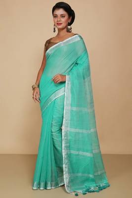 Women's Handloom Jari Cotton Saree  (Sky) 1