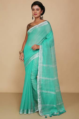 Women's Handloom Jari Cotton Saree  (Sky)