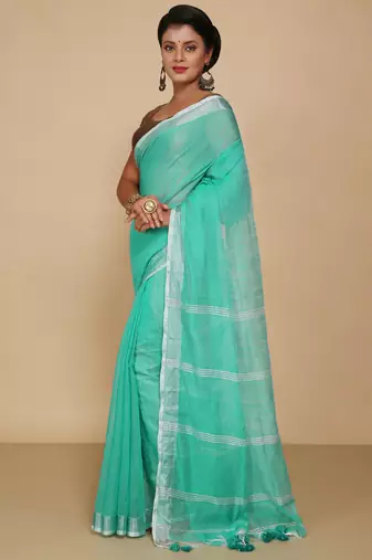 Women's Handloom Jari Cotton Saree  (Sky)