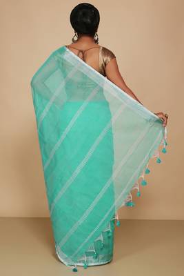 Women's Handloom Jari Cotton Saree  (Sky) 3