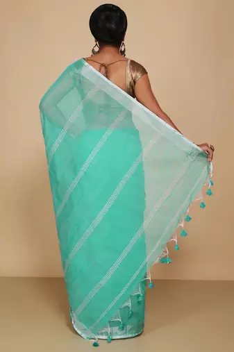 Women's Handloom Jari Cotton Saree  (Sky)