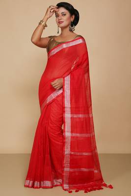 Women's Handloom Jari Cotton Saree  (Red) 1
