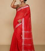 Women's Handloom Jari Cotton Saree  (Red)
