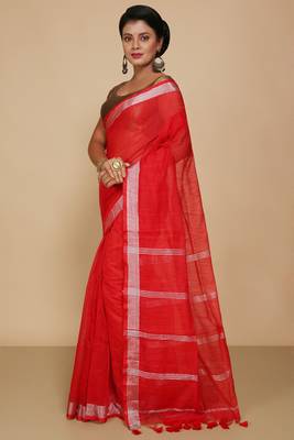 Women's Handloom Jari Cotton Saree  (Red) 2
