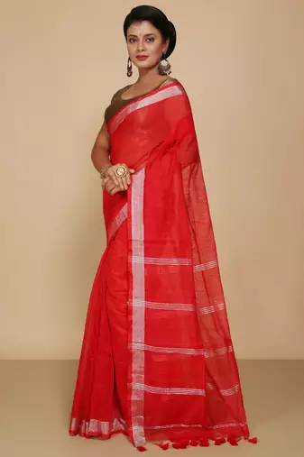 Women's Handloom Jari Cotton Saree  (Red)