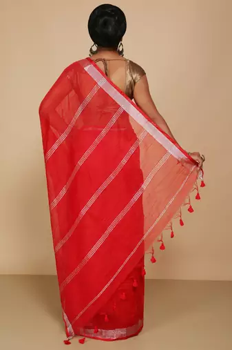 Women's Handloom Jari Cotton Saree  (Red)