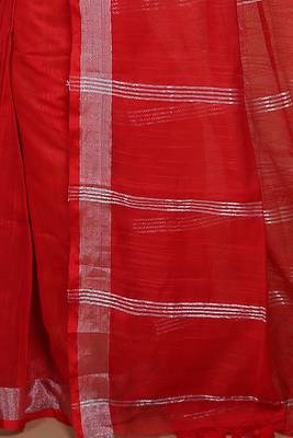 Women's Handloom Jari Cotton Saree  (Red) 4