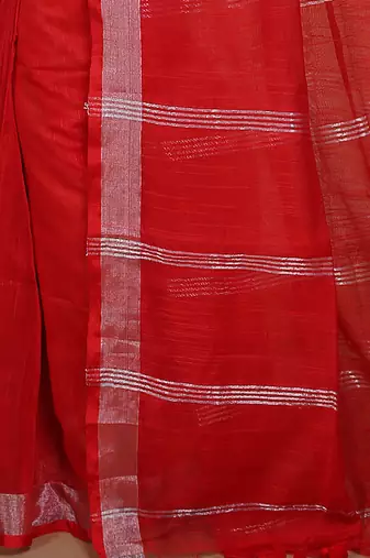 Women's Handloom Jari Cotton Saree  (Red)
