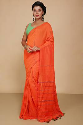 Women's Handloom Khes Cotton Saree  (Orange) 1