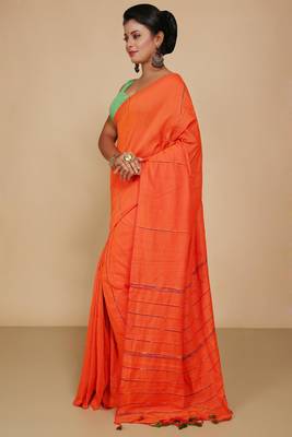 Women's Handloom Khes Cotton Saree  (Orange) 2