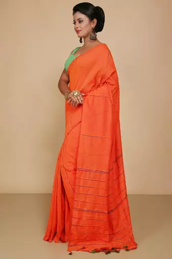 Women's Handloom Khes Cotton Saree  (Orange)