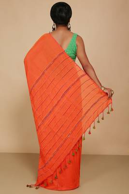 Women's Handloom Khes Cotton Saree  (Orange) 3