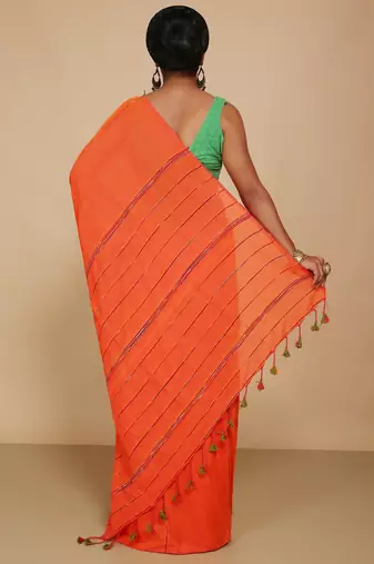 Women's Handloom Khes Cotton Saree  (Orange)