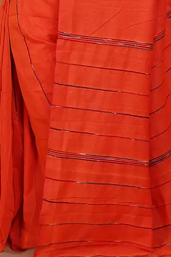 Women's Handloom Khes Cotton Saree  (Orange)