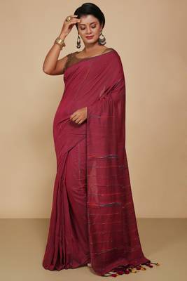 Women's Handloom Khes Cotton Saree  (Maroon) 1