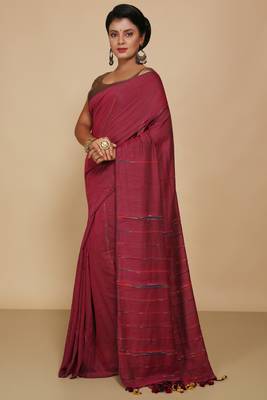 Women's Handloom Khes Cotton Saree  (Maroon) 2
