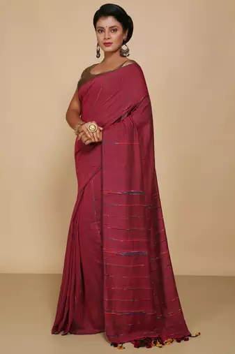 Women's Handloom Khes Cotton Saree  (Maroon)